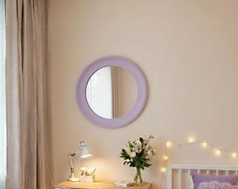 Espejo de pared redondo único: marco de madera hecho a mano con acabado lila, un toque minimalista moderno para dormitorio, entrada o sala de estar.