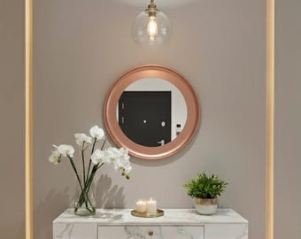 Espejo de pared redondo en oro rosa – Espejo circular artesanal con marco fino, diseño moderno y elegante para dormitorio, entrada o baño.