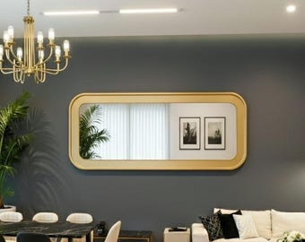 Espejo de pared rectangular dorado con marco de madera hecho a mano, elegante y moderno detalle para sala, comedor o entrada.