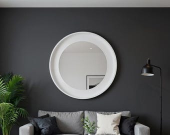 Espejo de pared redondo blanco con marco de madera hecho a mano, un detalle decorativo minimalista para una sala de estar moderna, un dormitorio o una entrada elegante.