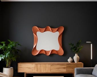 Espejo de pared rectangular alargado con marco de madera hecho a mano y acabado en cobre. Decoración minimalista moderna para la entrada o la sala de estar.