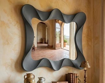 Espejo ondulado gris antracita, marco mate con garabatos, decoración rústica moderna, pieza llamativa