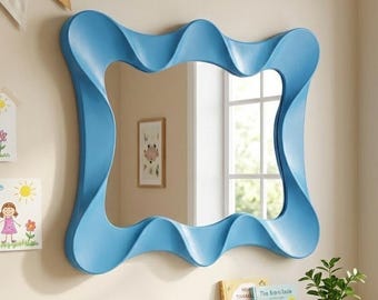 Espejo ondulado azul cielo, marco con garabatos divertidos, decoración infantil encantadora, decoración para habitación infantil.