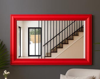 Espejo rectangular rojo de inspiración Art Déco: una elegante pieza para interiores glamurosos y de mediados de siglo.