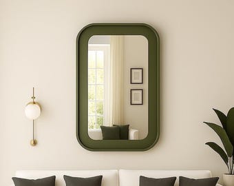 Espejo de pared único en color verde oliva – Marco de madera hecho a mano, un toque moderno y natural para la sala de estar, la entrada o la decoración bohemia.