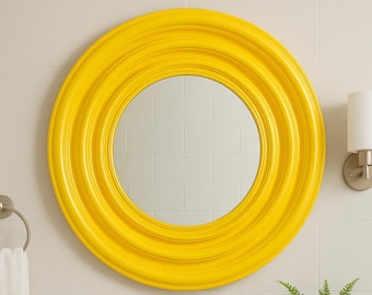Specchio rotondo con cornice in legno scolpito: decorazione da parete per bagno in stile costiero moderno
