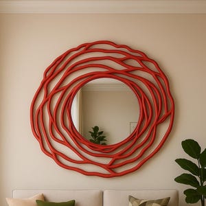 May include: A round red mirror with a unique, organic design, resembling intertwined branches. The mirror is mounted on a neutral-colored wall above a beige sofa with decorative pillows. A coffee table and a potted plant are in the foreground.