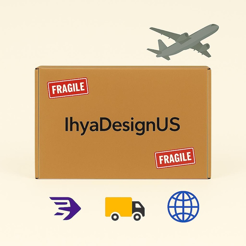 May include: A rectangular brown cardboard shipping box with the text IhyaDesignUS printed in black. Two red rectangular labels with the white text FRAGILE are attached. Above the box is a gray airplane, and below are purple, yellow, and blue icons.