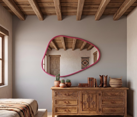Rectangular Asymmetrical Mirror, Magenta Irregular Mirror for Bedroom, Large Organic Horizontal Pebble Wall Mirror