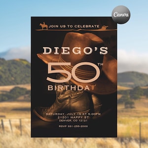 Invito modificabile Country Western, invito di compleanno da cowboy, legno rustico, cappello da cowboy e stivali, stampabile, download immediato
