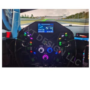 May include: A black racing steering wheel with a digital display showing a timer, speed, and direction. The steering wheel has multiple buttons and knobs with colorful LED lights.