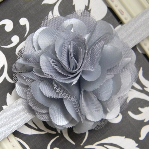 Flower Headband--Silver Satin Flower Puff Headband- Free Ship Promo- see Shop Announcement for full details