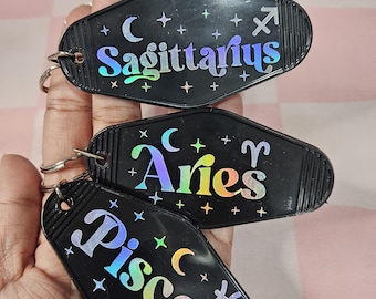 Personalized Zodiac Sign Motel Keychain | Astrology Retro Key Tag