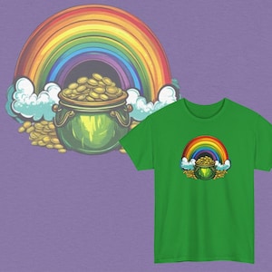 May include: A green pot filled with gold coins sits at the end of a rainbow with white clouds. The rainbow is made up of red, orange, yellow, green, blue, indigo, and violet.