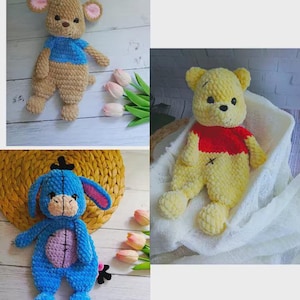 May include: Three handmade crochet plush toys featuring a tan mouse with a blue shirt, a yellow bear with a red shirt, and a blue donkey with a purple belly patch. Each stuffed animal is crafted from soft, textured yarn with embroidered facial details.