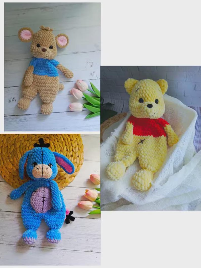 May include: Three handmade crochet plush toys featuring a tan mouse with a blue shirt, a yellow bear with a red shirt, and a blue donkey with a purple belly patch. Each stuffed animal is crafted from soft, textured yarn with embroidered facial details.