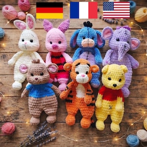 Patrón de ganchillo 7 en 1 de los amigos de Winnie the Pooh: Piglet, Conejo, Canguro, Burro, Tigger y Elefante. Manta amigurumi para abrazar. PDF EN DE Fr