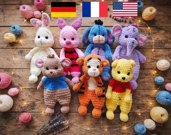 7in1 Kubuś Puchatek, Prosiaczek, Królik, Kangur, Osiołek, Tygrysek, Słoń Wzór Szydełkowy Amigurumi Comforter Snuggler PDF EN DE Fr