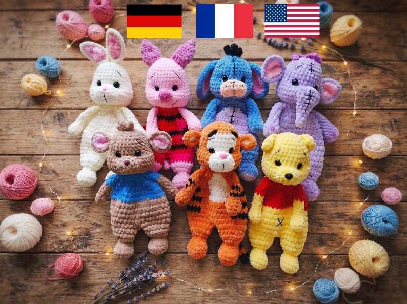7in1 Winnie the Pooh friends , Piglet, Rabbit , Kangaroo, Donkey, Tigger, Elephant Crochet Pattern Amigurumi Comforter Snuggler PDF EN DE Fr image 1