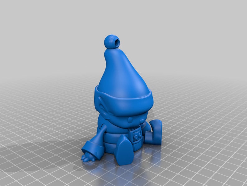 May include: A blue 3D-printed figurine of a seated elf wearing a pointed hat with a ball on top. The elf has a belt and boots, and is sitting with its legs extended.