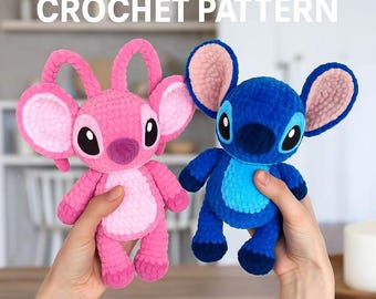 Patrón de ganchillo de Stitch and Angel: Monstruos alienígenas azules y rosas (Amigurumi, ganchillo, tutorial fotográfico en PDF) Inglés y alemán