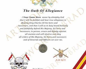 Certificado de Juramento de Lealtad de los Lanceros Reales: Impresión personalizada de 28 x 35 cm con moneda de chelín tradicional.