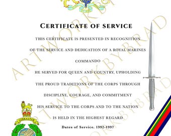 Certificado de servicio personalizado de los Royal Marines (impresión) – Homenaje a los veteranos comandos de las Fuerzas Armadas del Reino Unido (recuerdo)
