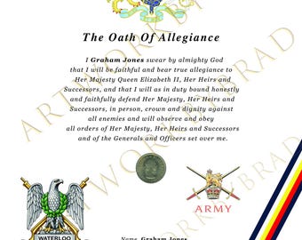 Certificado de juramento de lealtad personalizado de los Royal Scots Dragoon Guards