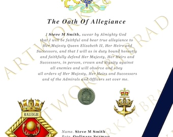 Certificado personalizado de la Marina Real HMS Raleigh Queen's Shilling