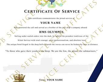 HMS Olympus Personalised Certificate of Service | Royal Navy Submarine Gift | Veteran Keepsake | Silent Service Tribute