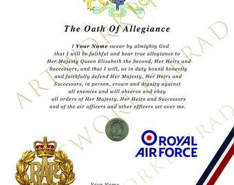 Certificado personalizado de juramento de lealtad de la RAF, recuerdo de la reina Isabel II.