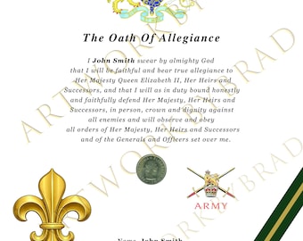 Certificado de juramento de lealtad personalizado del Regimiento de Manchester con un chelín de la Reina.