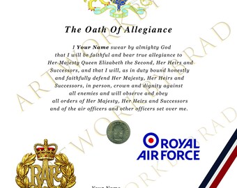 Certificado de Juramento de Lealtad Personalizado de la Real Fuerza Aérea (RAF) Regalo para Veteranos Impresión Juramento de Rey o Reina