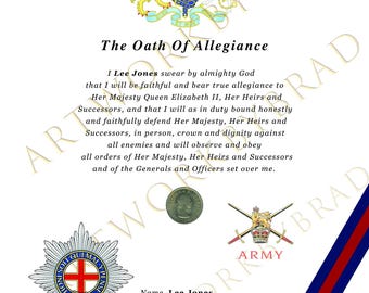 Certificado de juramento de lealtad personalizado de la Guardia Coldstream / Estilo Queen's Shilling / Nombre, rango y número de servicio personalizados / Recuerdo de regalo para veteranos