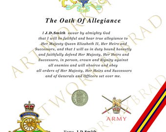 Certificado de Juramento de Lealtad de la Artillería Real / Regalo militar personalizado del Ejército Británico