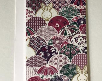 Fioletowe fale Japońska kartka z tkaniny z kopertą - 4"x6" Pusta - Króliki Usagi Seigaiha - 006