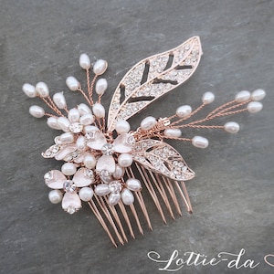 Rose Gold Pearl Bridal Wedding Comb, Boho Wedding Gold Hair Vine, Wedding Gold Hair vine leaves, Wire Hair Comb, Boho Headpiece - 'CALLIE'