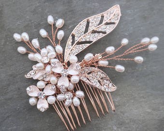 Rose Gold Pearl Bridal Wedding Comb, Boho Wedding Gold Hair Vine, Wedding Gold Hair vine leaves, Wire Hair Comb, Boho Headpiece - 'CALLIE'