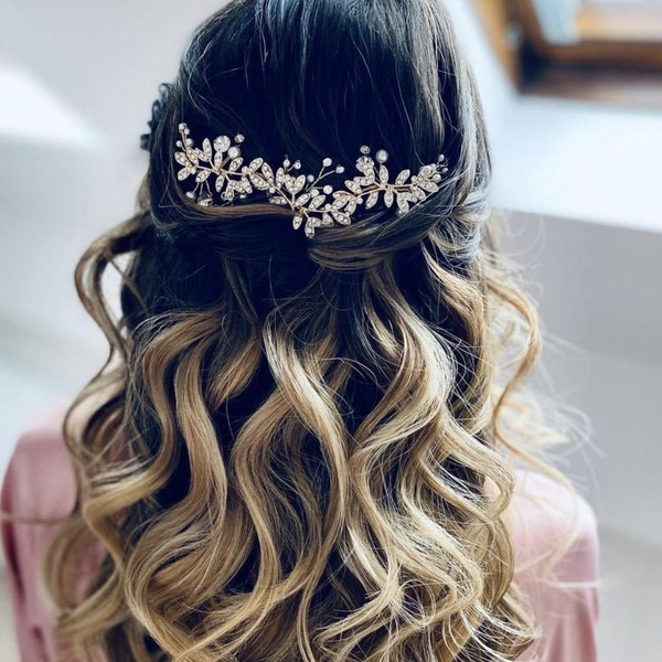 Headpiece Wedding Hair Comb for bride, bridesmaid accessory vine with leaf, pearls, crystals, vintage boho inspired Pinterest - 'LYRA'