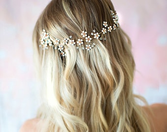 Gold Wedding Hair Vine, Boho Flower Crown, Hair Wreath, Opal Peach Blush, Gold Wedding Flower Hair Vine, Boho Wedding Headpiece - 'LACEY'