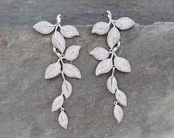 Boho Leaf Dangle Earrings, Silver Crystal Bridal Earrings
