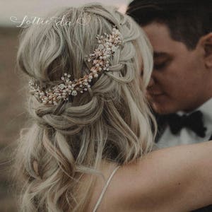 Boho Hair Halo Bridal Flower Hair Crown Hair Wreath Vine with Pearls in Antique Gold, Rose Gold, Gold, Antique Silver, Zinnia Rose Gold