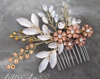 Boho Flower Leaf Wire Wedding Hair Comb with Opal Marquise Crystals, in gold, silver, rose gold, copper "Birch"