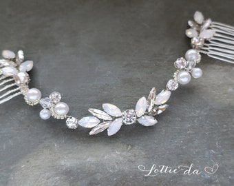 Comfortable Lightweight Bridal Headpiece with Pearls and Opals, Classic Elegant Simple wedding hair accessory - 'Harmony'