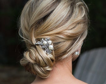 Vintage Pearl Crystal Floral Hair Pin, 1920s Gatsby Wedding Accessory