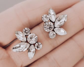 Bridal & Bridesmaid Earrings | Clip-On or Pierced Crystal Studs | Vintage Floral Design in Gold, Silver, Rose Gold, Antique Gold and Silver
