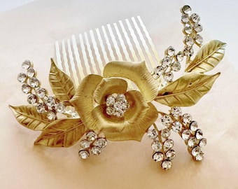 Wedding Hair Accessory - Gold Flower Rose Garden Leaves Hairpiece for Bride Romantic Vintage Style