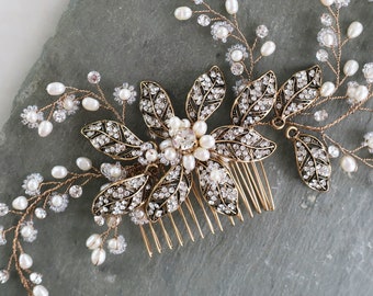 Antique Gold Wedding Hair Accessory, Boho Bridal Headpiece, Antique Vintage Wedding Hair Accessory, Boho Bridesmaid Hair Comb, "Emmaline"