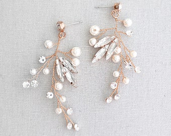 Wedding Vine Earrings, Bridal Earrings with crystals pearls, Gold, Silver, Rose Gold, Boho Pixie Woodland Earrings - "LILLI"