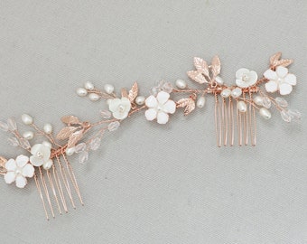 Boho Hochzeit Blumen Haarranke, Braut Haarschmuck, Haarkamm Blätter, Gold, Rosegold, Silber, Antik Silber, Antik Gold - 'BELLA'